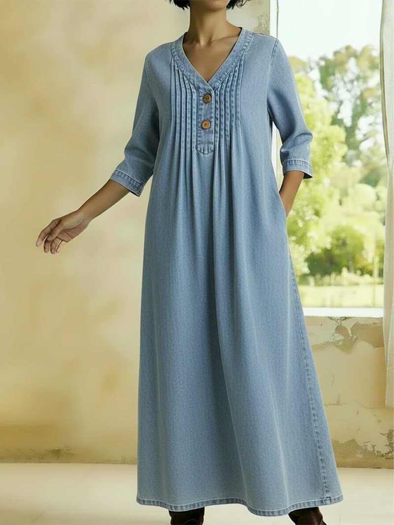 Danjela - Rochie Din Denim Cu Decolteu în V și Nasturi