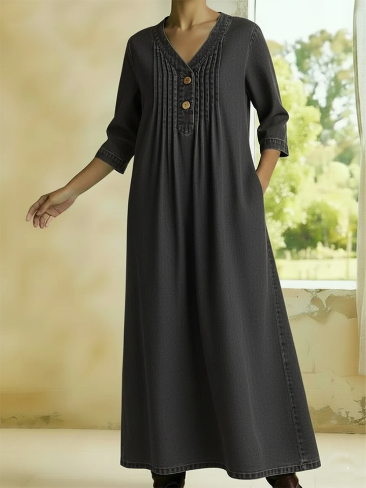 Danjela - Rochie Din Denim Cu Decolteu în V și Nasturi