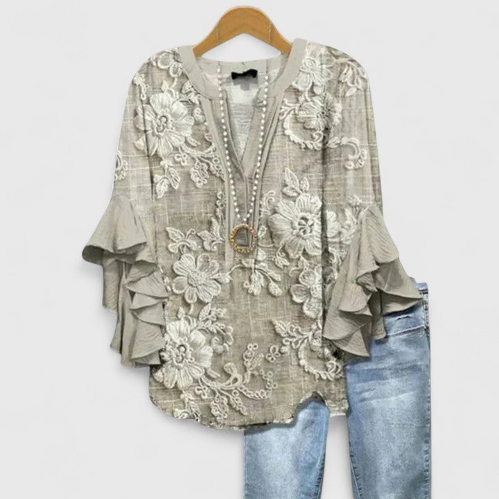 Juria – Bluză cu Imprimeu Floral și Mâneci cu Volane
