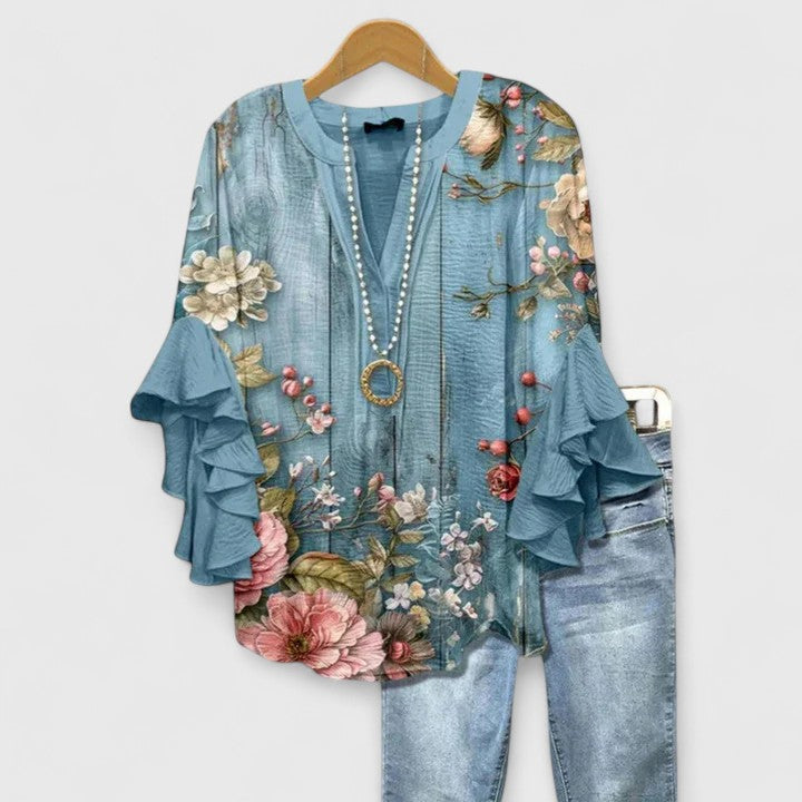 Juria – Bluză cu Imprimeu Floral și Mâneci cu Volane