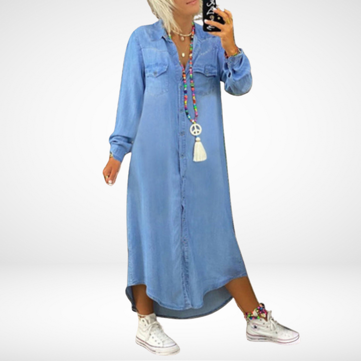 Dorota - Rochie Din Denim Cu Mâneci Lungi