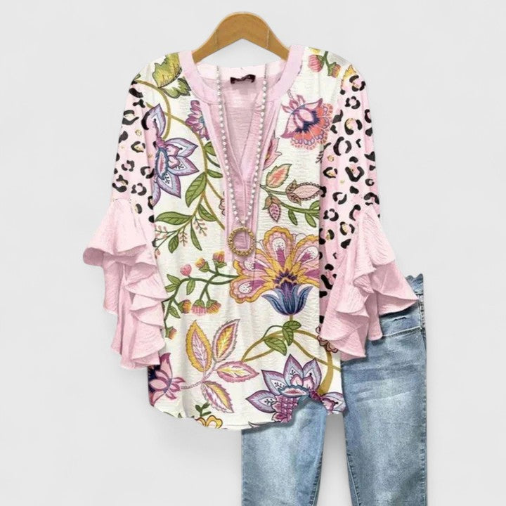Juria – Bluză cu Imprimeu Floral și Mâneci cu Volane