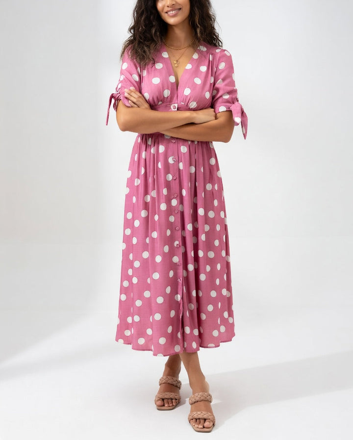Fabienne - Rochie Midi Elegantă Cu Imprimeu În Buline