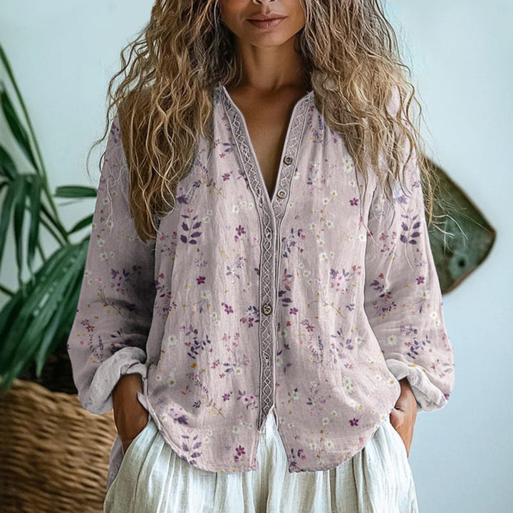 Ereinaa - Cămașă Elegantă Cu Imprimeu Vintage Cu Frunze