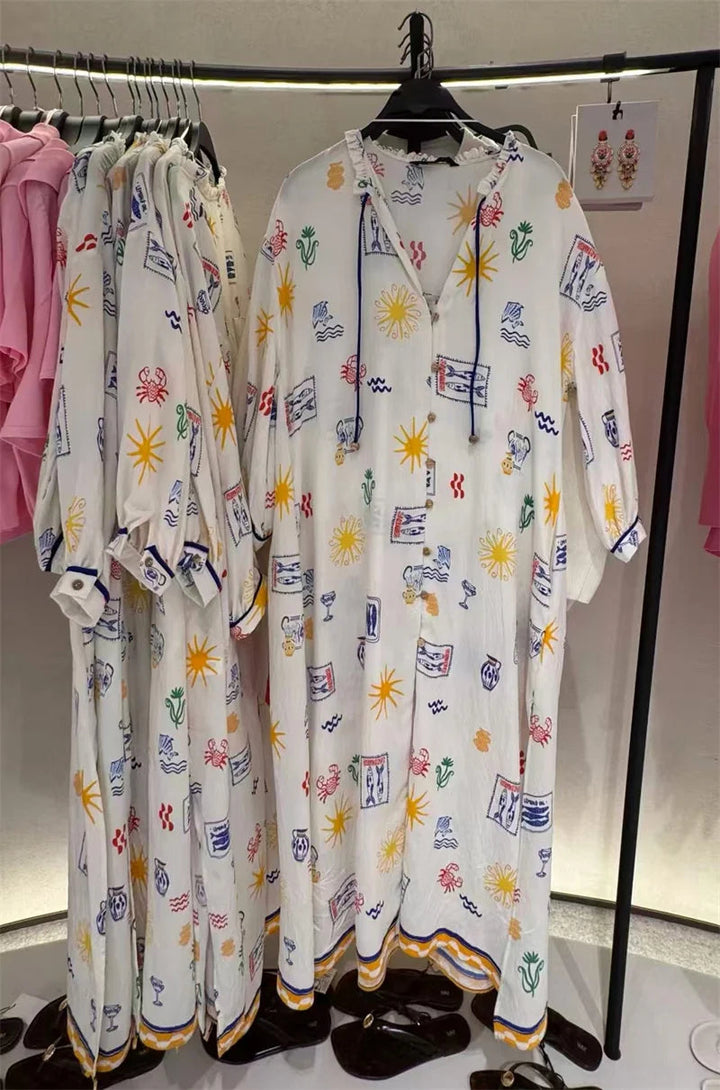 Maris - Rochie Lungă Cu Imprimeu Și Mâneci