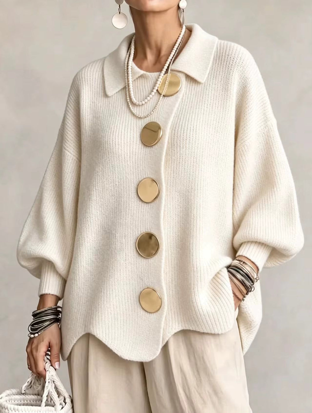 Shiryl – Cardigan Din Tricot cu Mâneci Lungi Guler și Nasturi