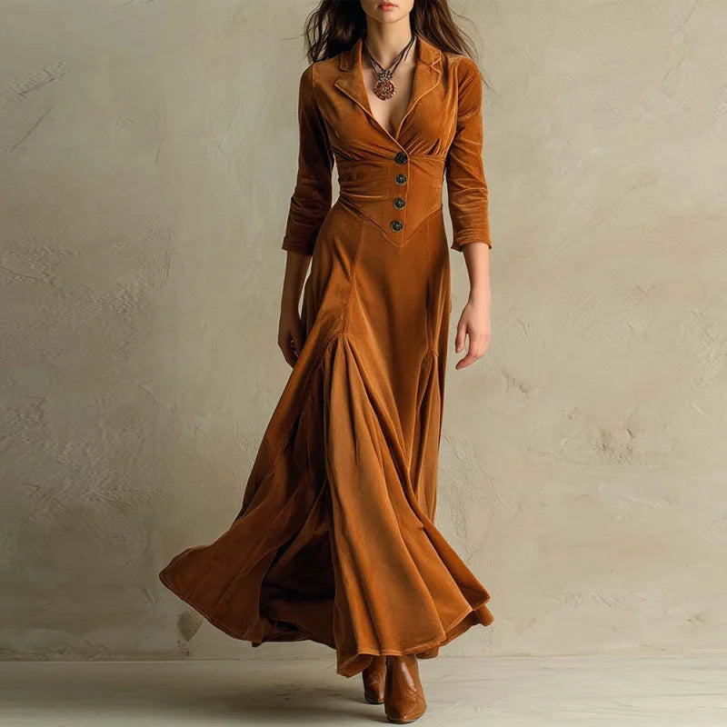 Nyvana - Rochie Maxi cu Mâneci Lungi și Pliuri