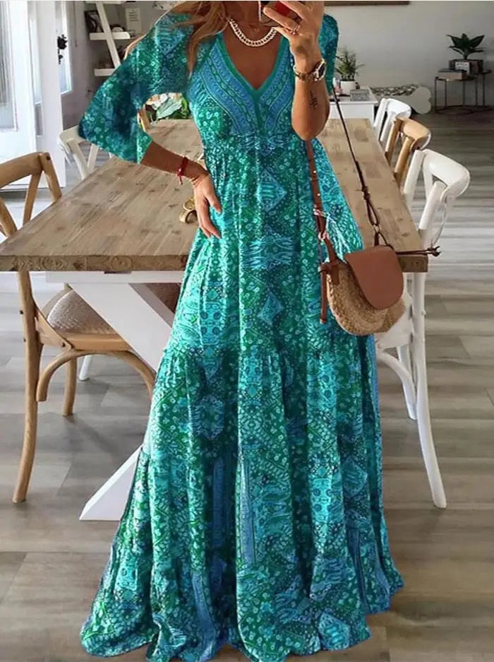 Bettie - Rochie Lungă Cu Mâneci Scurte Și Imprimeu Boem