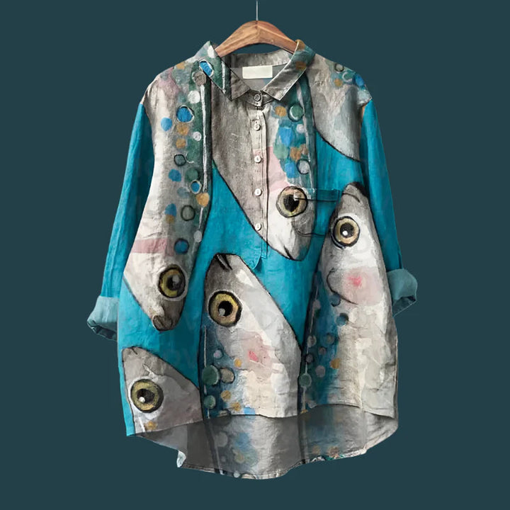Saioa - Cămașă Vintage Confortabilă Cu Imprimeu Cu Pești