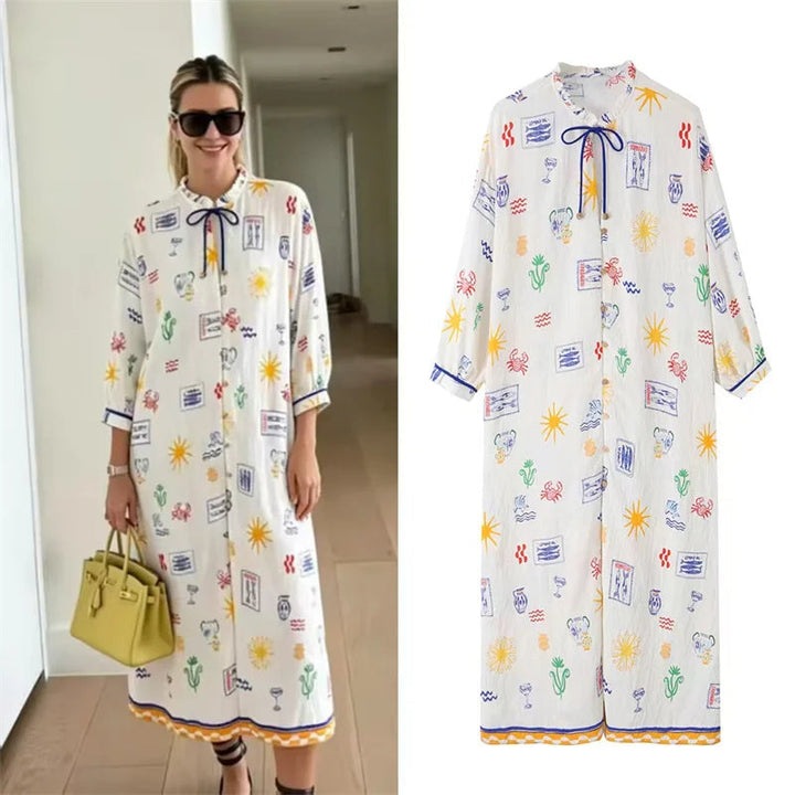 Maris - Rochie Lungă Cu Imprimeu Și Mâneci