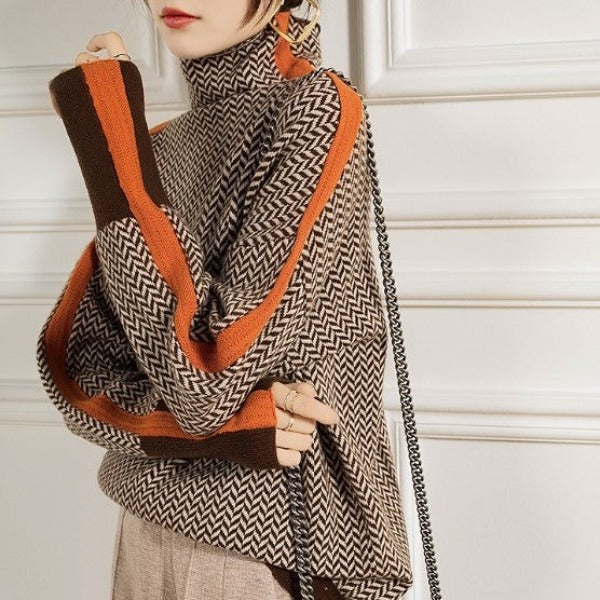 Heidemarie – Pulover Cu Guler Inalt, Cu Dungi Contrastante