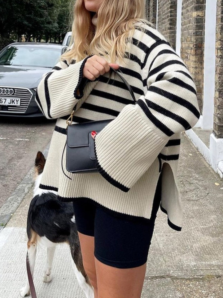 Kynesia - Pulover Cu Guler înalt și Dungi Oversized