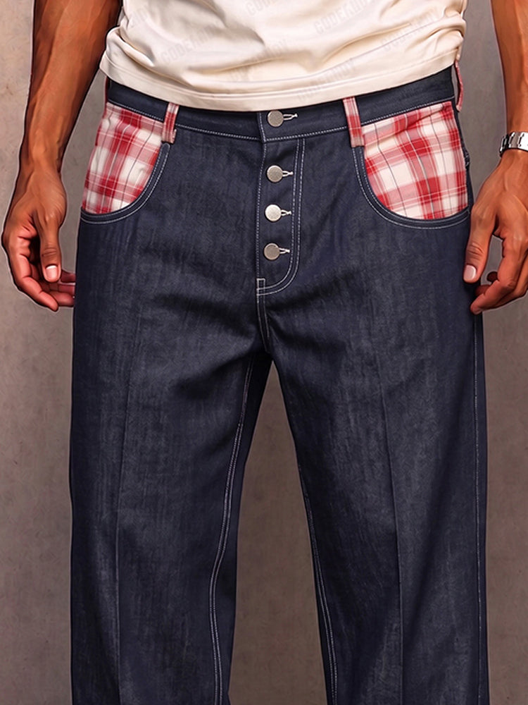 Klymz - Pantaloni din imitație de denim cu inserții contrastante