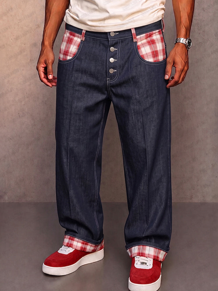 Klymz - Pantaloni din imitație de denim cu inserții contrastante