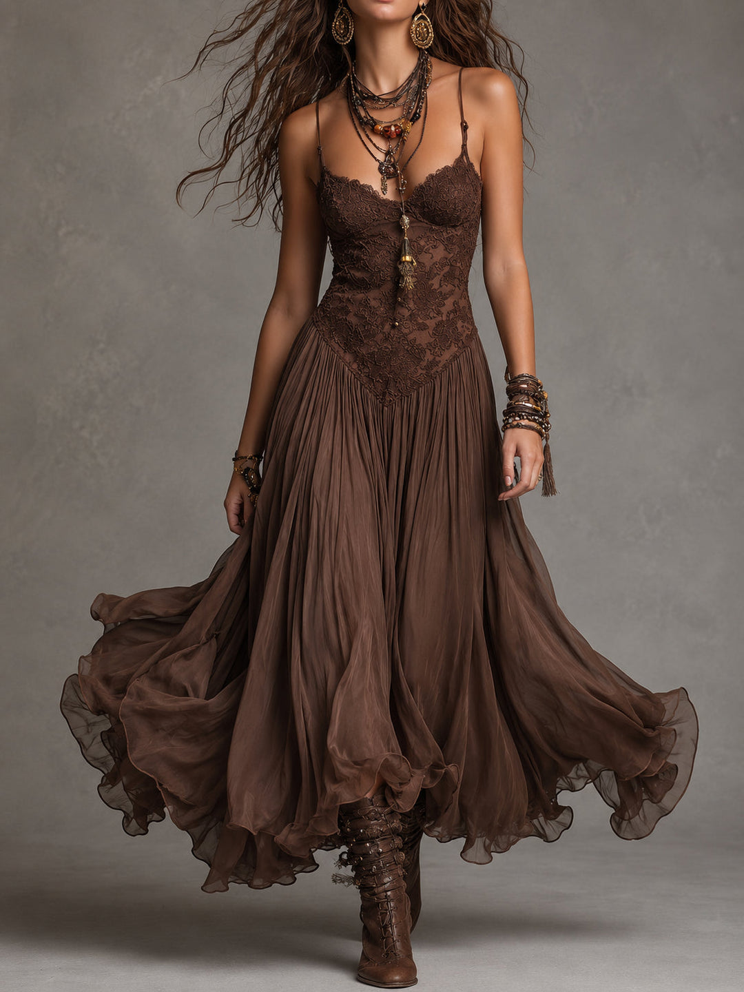 Serisha - Rochie Maxi Lejeră Cu Corsaj Din Dantelă