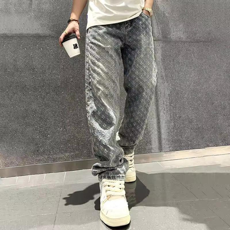 Zeydan - Pantaloni Largi Din Denim Jacquard