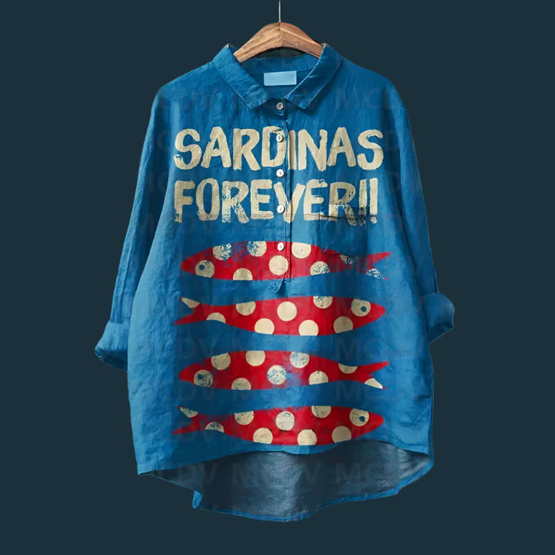 Saioa - Cămașă Vintage Confortabilă Cu Imprimeu Cu Pești