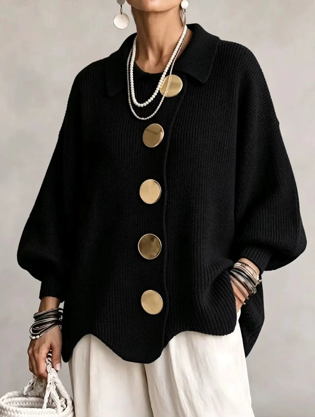Shiryl – Cardigan Din Tricot cu Mâneci Lungi Guler și Nasturi