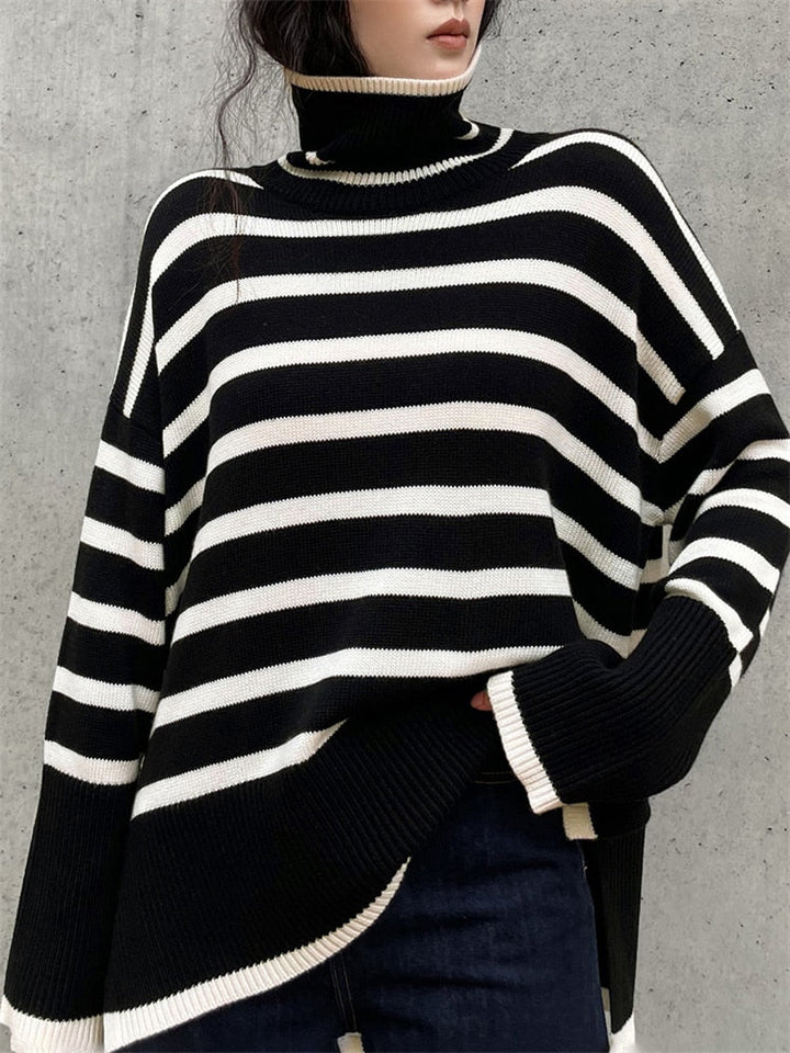 Kynesia - Pulover Cu Guler înalt și Dungi Oversized