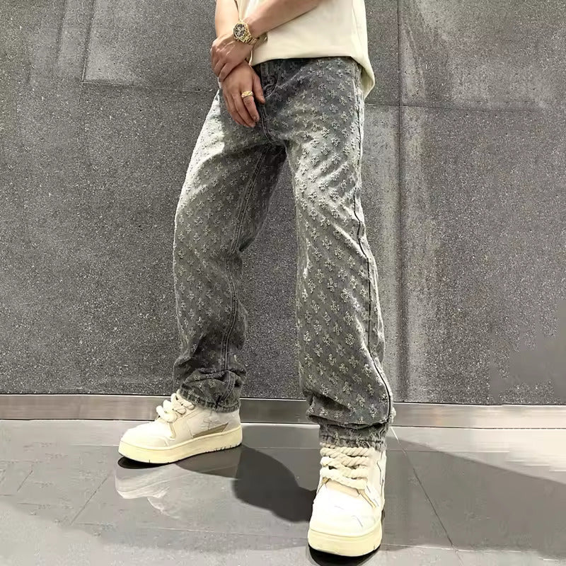 Zeydan - Pantaloni Largi Din Denim Jacquard