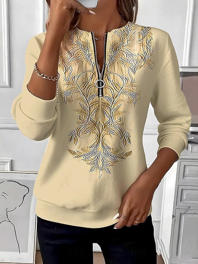 Alvilda - Pulover Elegant Cu Jumătate De Fermoar și Broderie