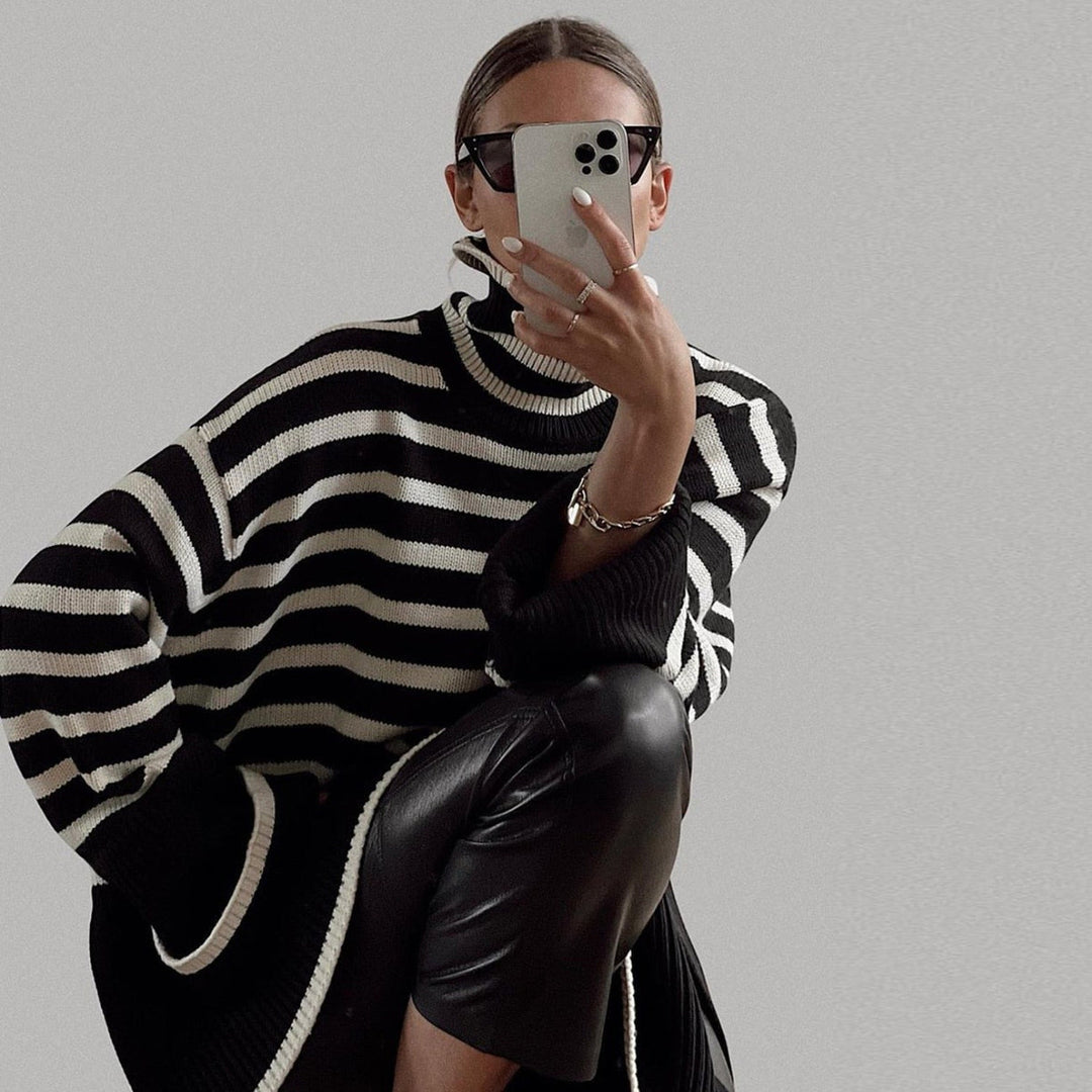 Kynesia - Pulover Cu Guler înalt și Dungi Oversized