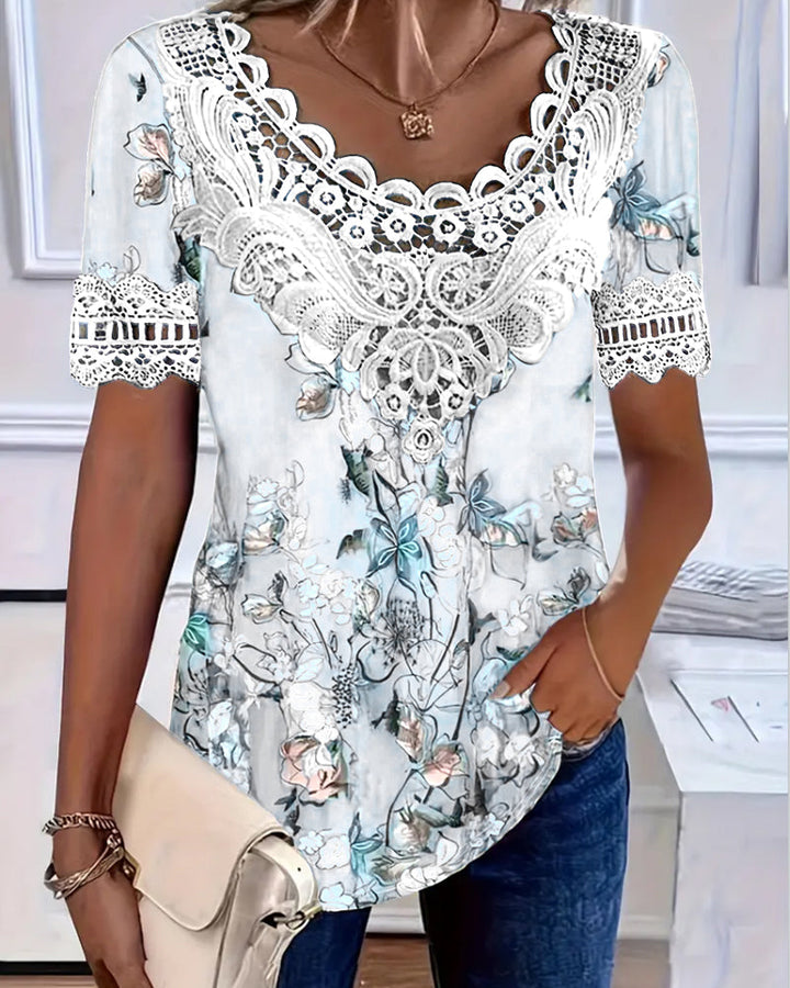 Emilyn – Tricou cu Mâneci Scurte și Imprimeu Floral la Modă