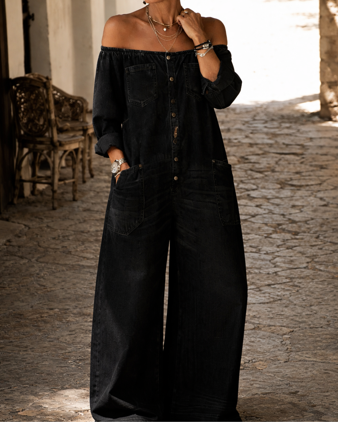 Elio - Salopetă Din Denim Cu Decolteu Pe Umeri
