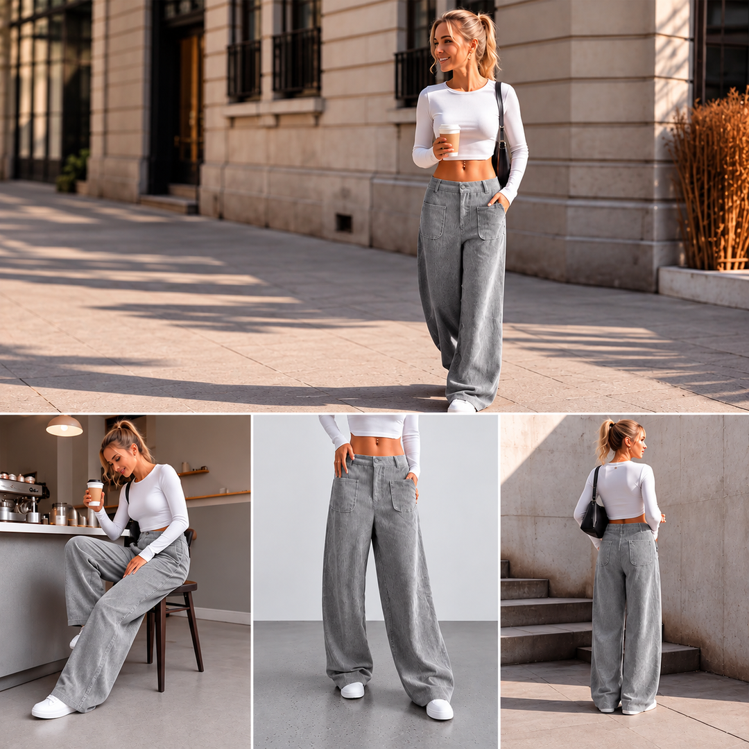 Jina – Pantaloni cu croi larg și buzunare în față