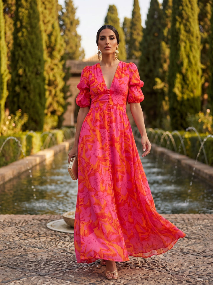 Zinnia - Rochie Lungă Cu Decolteu În V Și Imprimeu Floral Vibrant