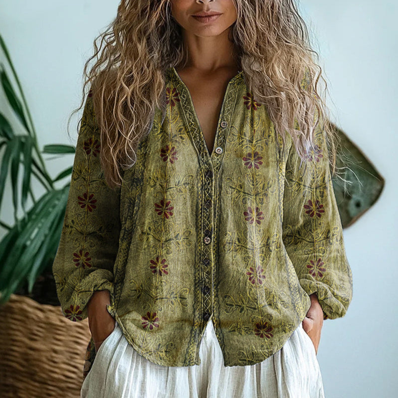 Ereinaa - Cămașă Elegantă Cu Imprimeu Vintage Cu Frunze