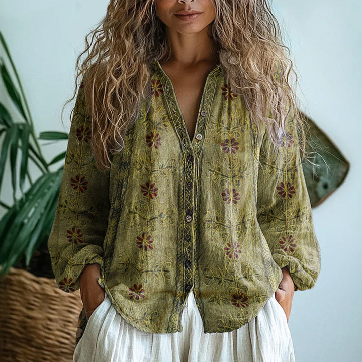 Ereinaa - Cămașă Elegantă Cu Imprimeu Vintage Cu Frunze
