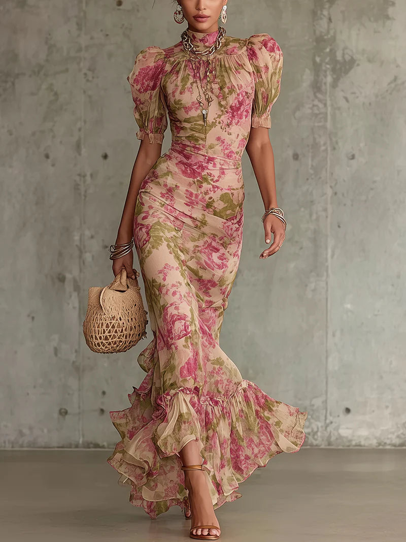 Erikka – Rochie Florală Din șifon Cu Tiv Cu Volane