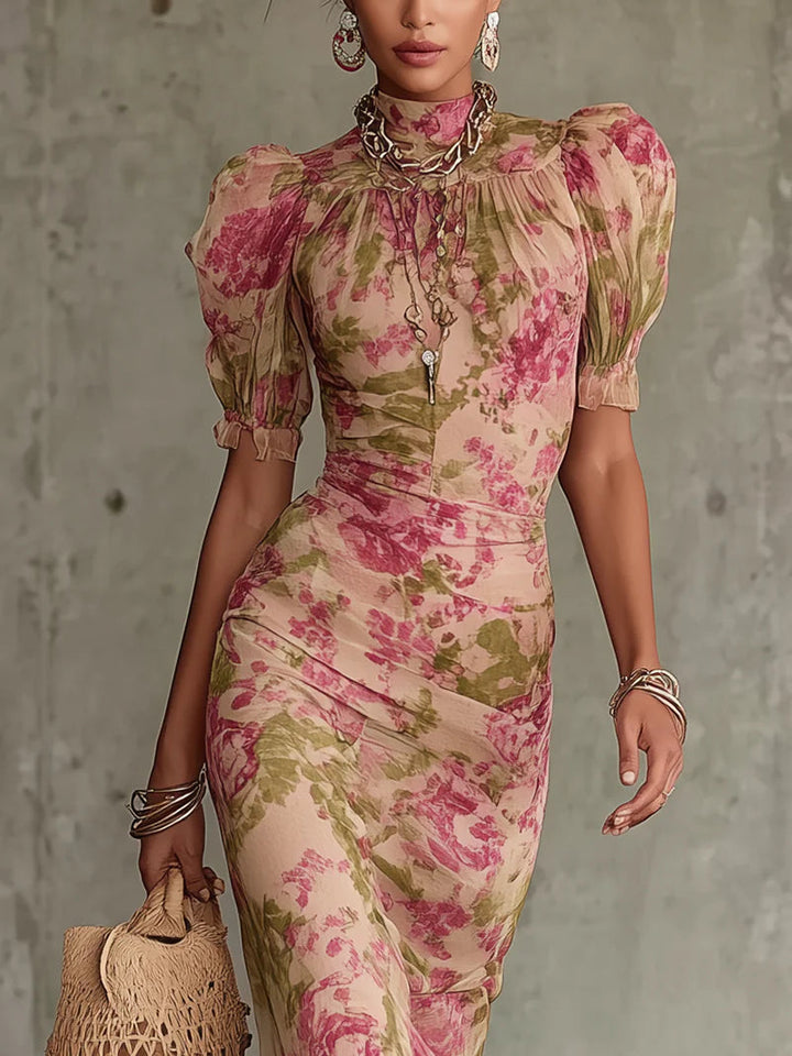 Erikka – Rochie Florală Din șifon Cu Tiv Cu Volane