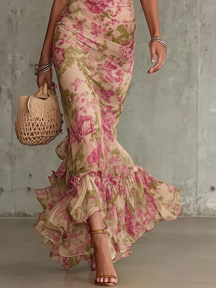 Erikka – Rochie Florală Din șifon Cu Tiv Cu Volane