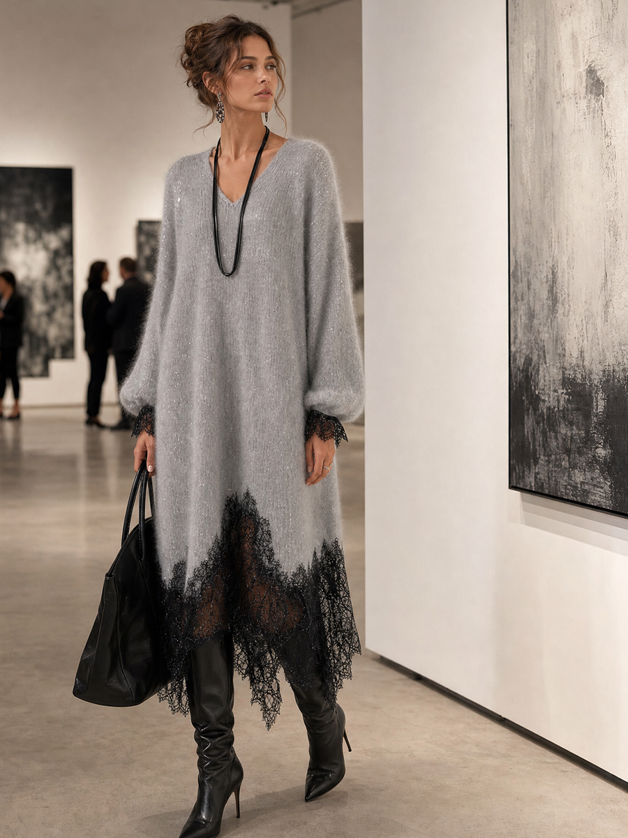 Samyra - Rochie MIDI Din Tricot Cu Dantelă