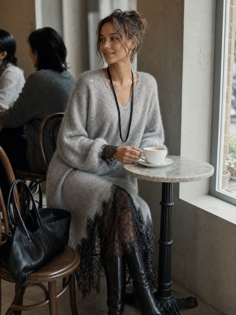Samyra - Rochie MIDI Din Tricot Cu Dantelă