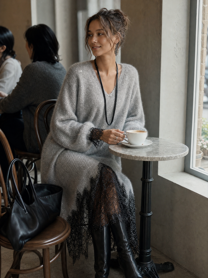 Samyra - Rochie MIDI Din Tricot Cu Dantelă