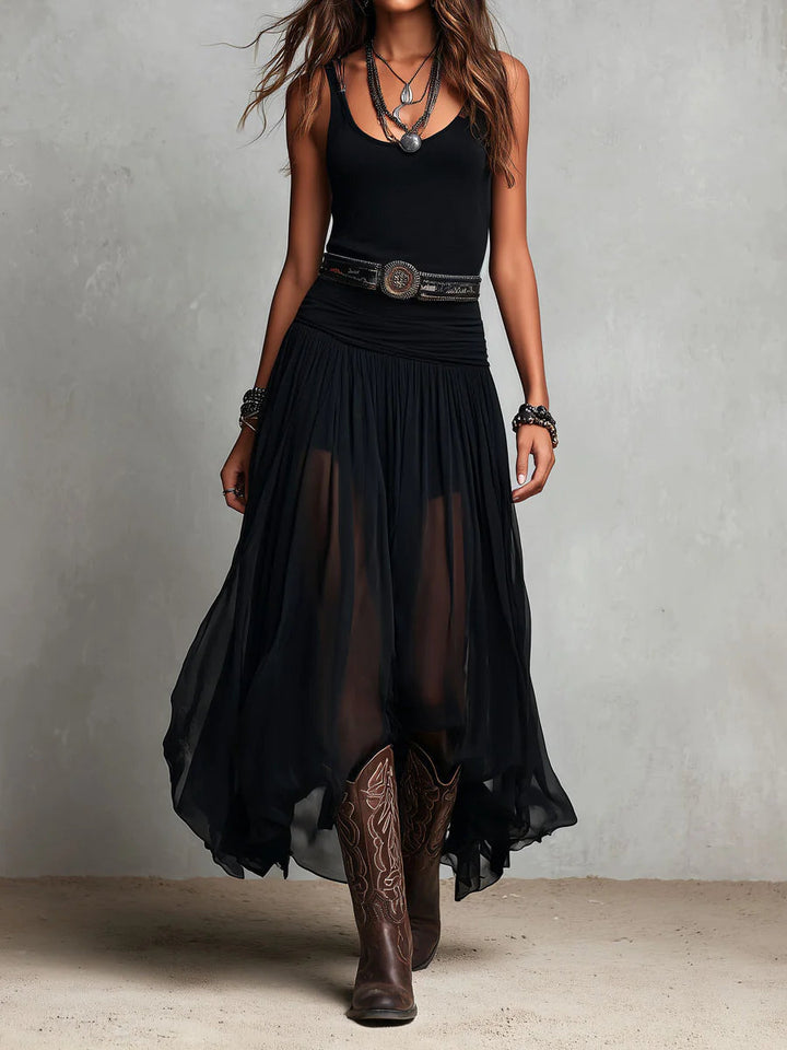 Odetta - Rochie Lungă Elegantă Din Tul, Cu Curea