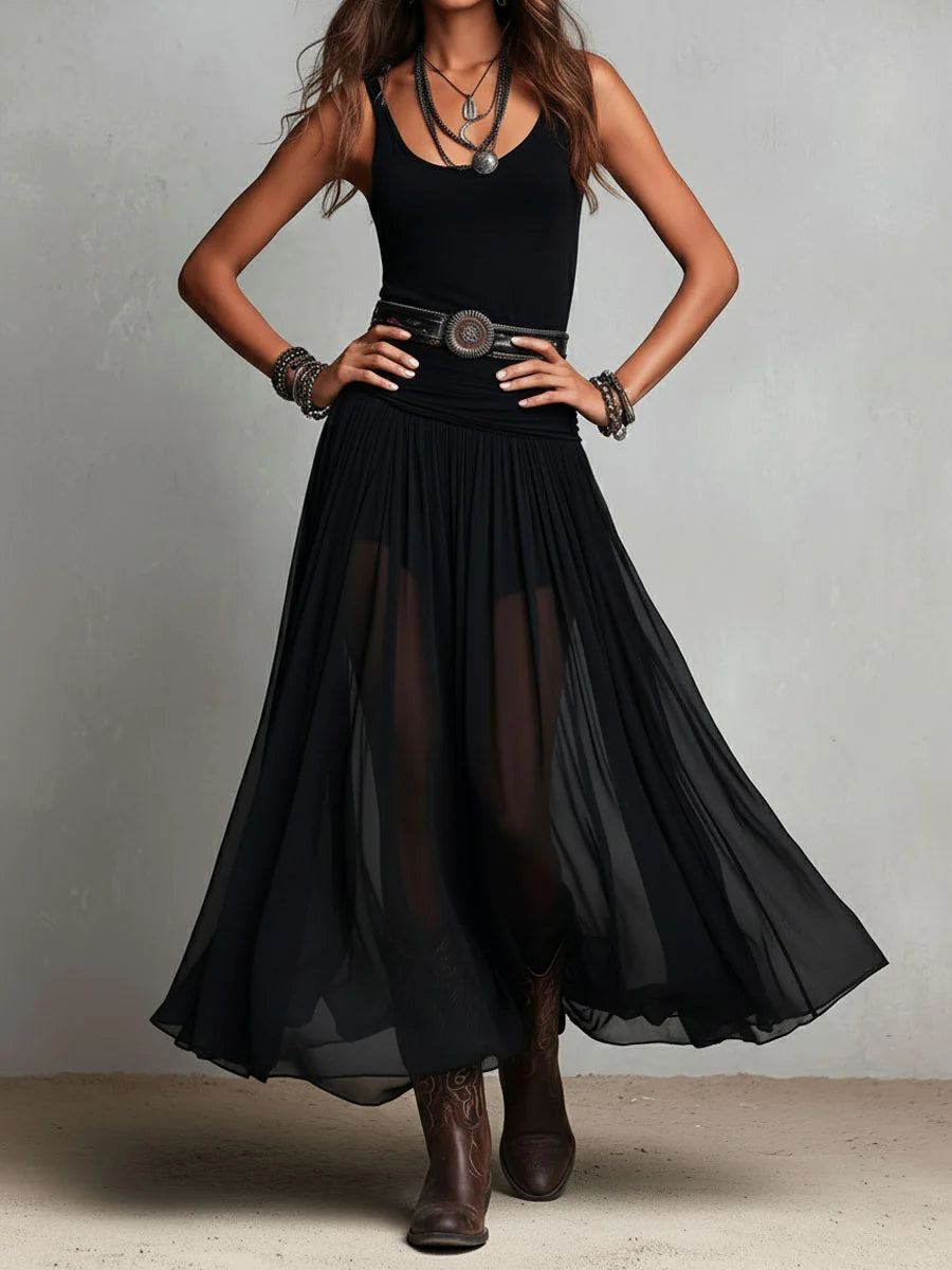 Odetta - Rochie Lungă Elegantă Din Tul, Cu Curea