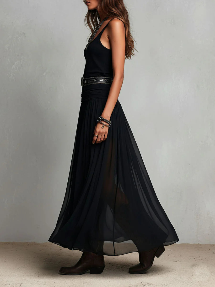 Odetta - Rochie Lungă Elegantă Din Tul, Cu Curea