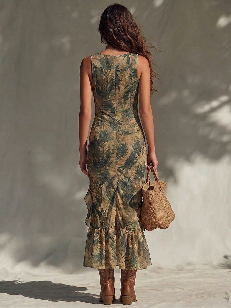 Neleza - Rochie Maxi Cu Imprimeu Tropical și Decupaj Lateral