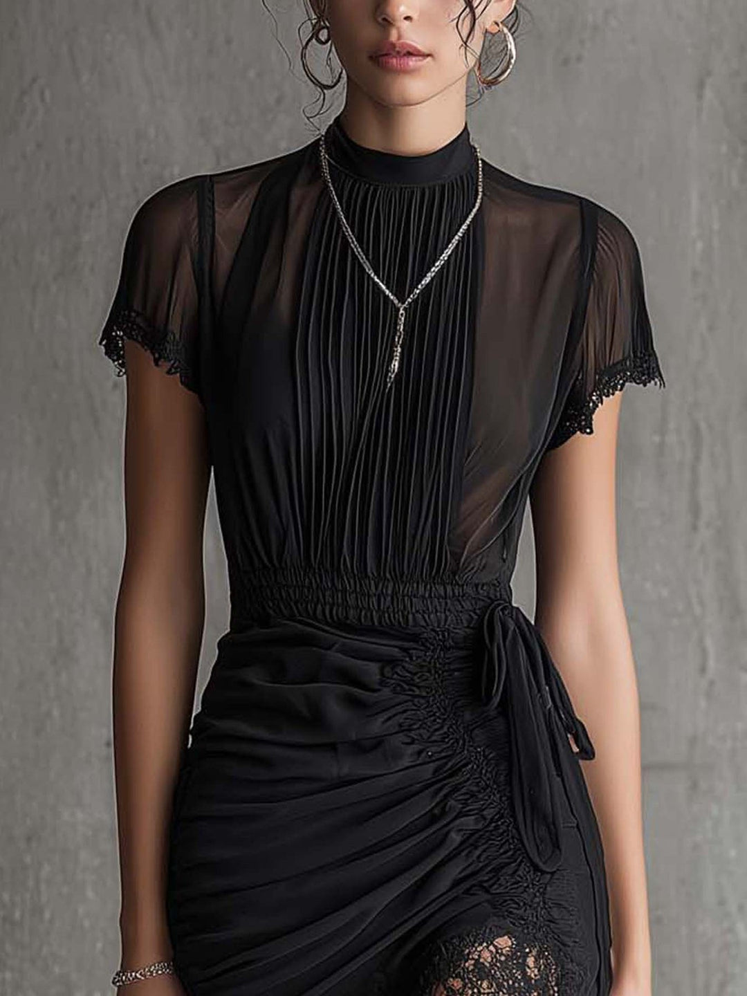Semila - Rochie Mini cu Talie împletită și Bordură Din Dantelă