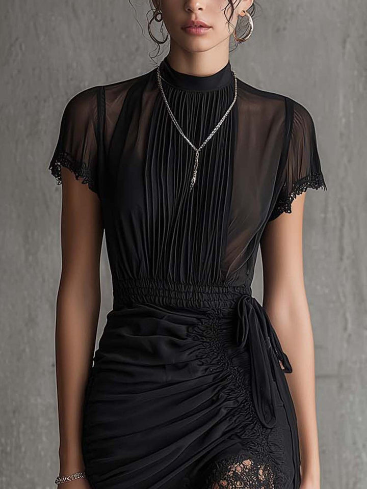 Semila - Rochie Mini cu Talie împletită și Bordură Din Dantelă