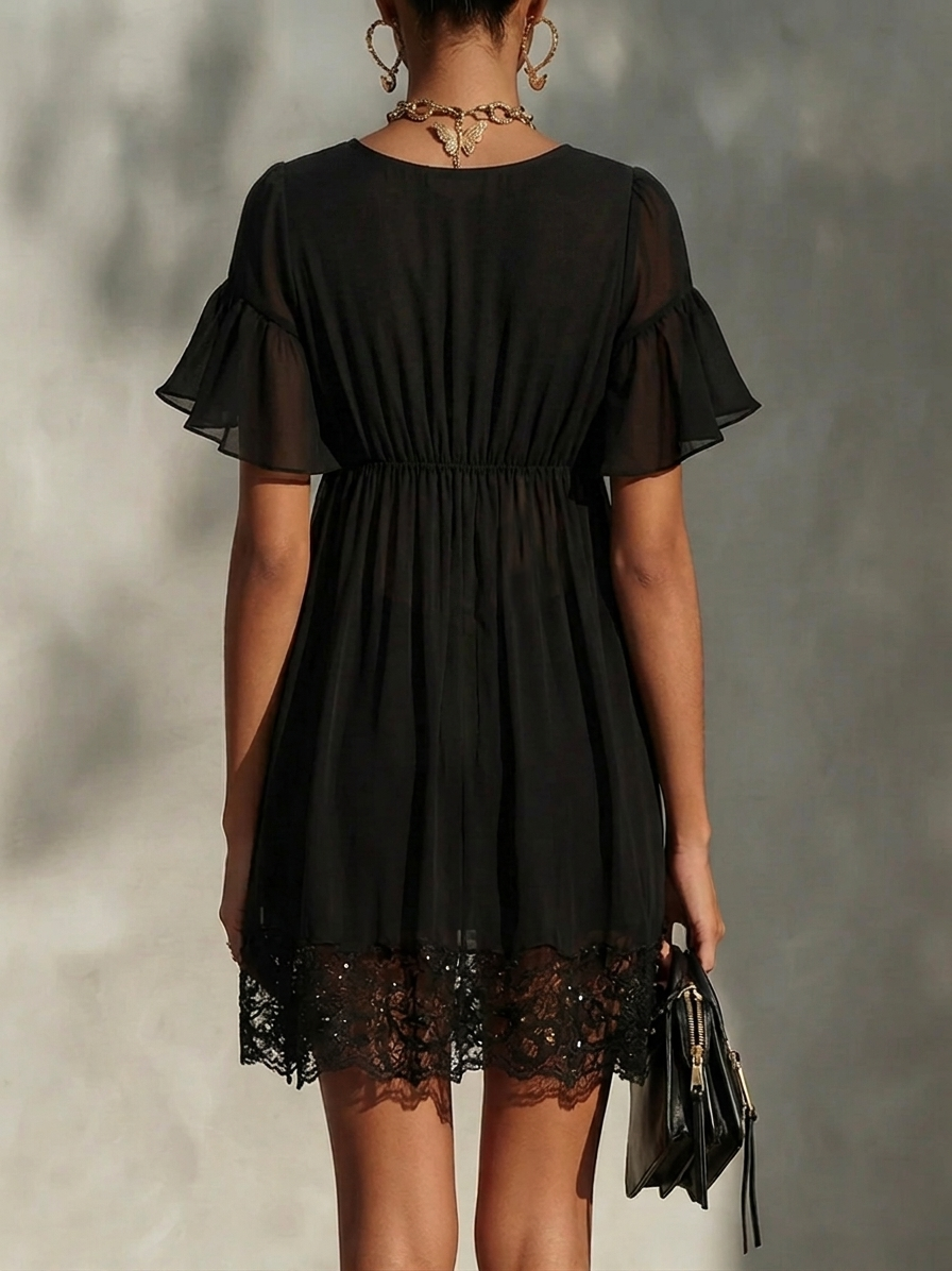 Sanya – Rochie Mini Cu Bordură Din Dantelă, Închidere Cu Fermoar