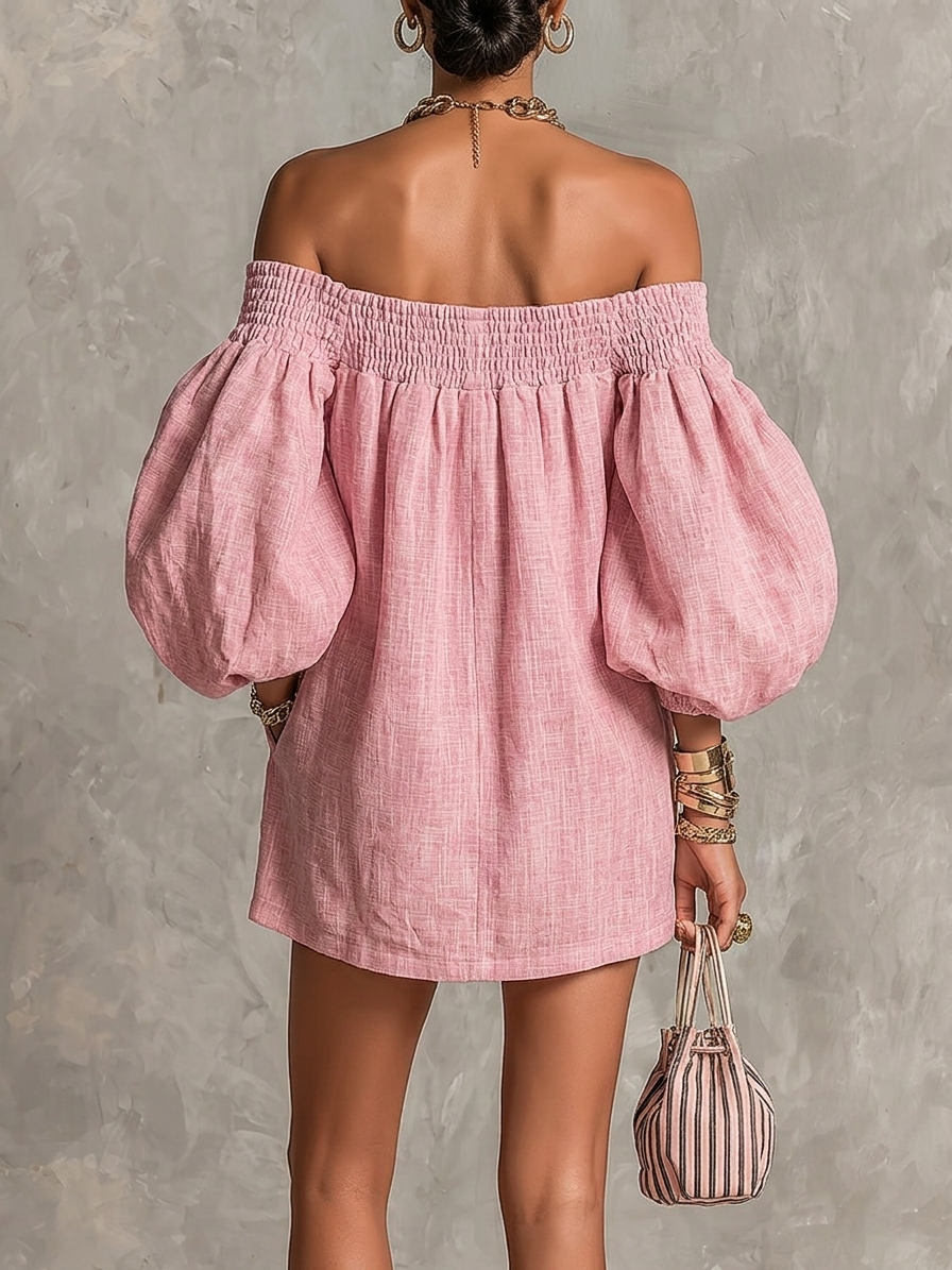 Rewina - Rochie Mini Cu Umerii Goi Și Mâneci Lanterne