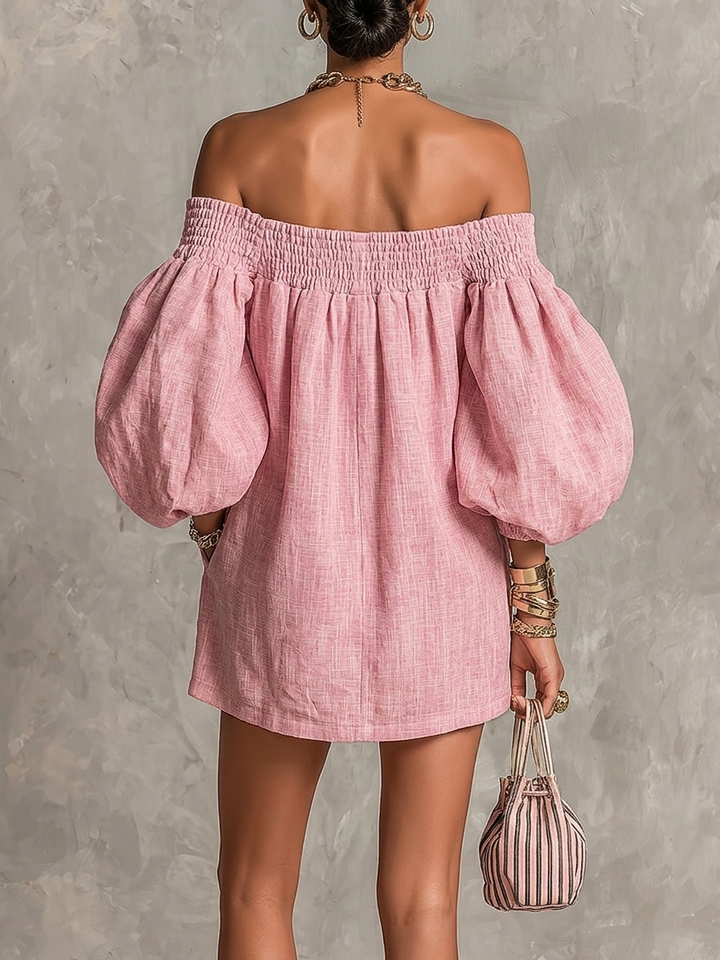 Rewina - Rochie Mini Cu Umerii Goi Și Mâneci Lanterne