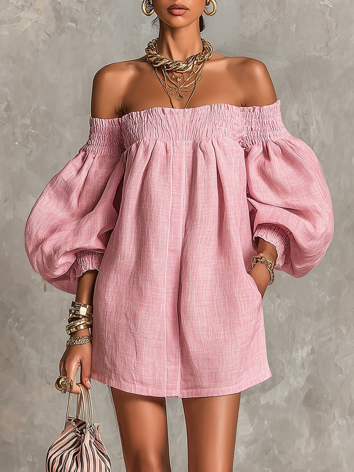 Rewina - Rochie Mini Cu Umerii Goi Și Mâneci Lanterne