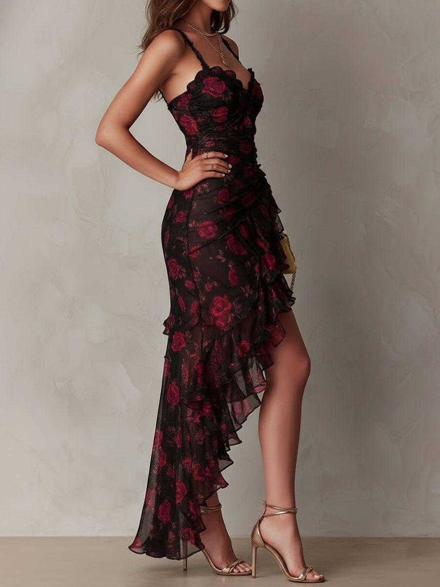 Deyna – Rochie Elegantă cu Imprimeu Floral și Tiv Drapat