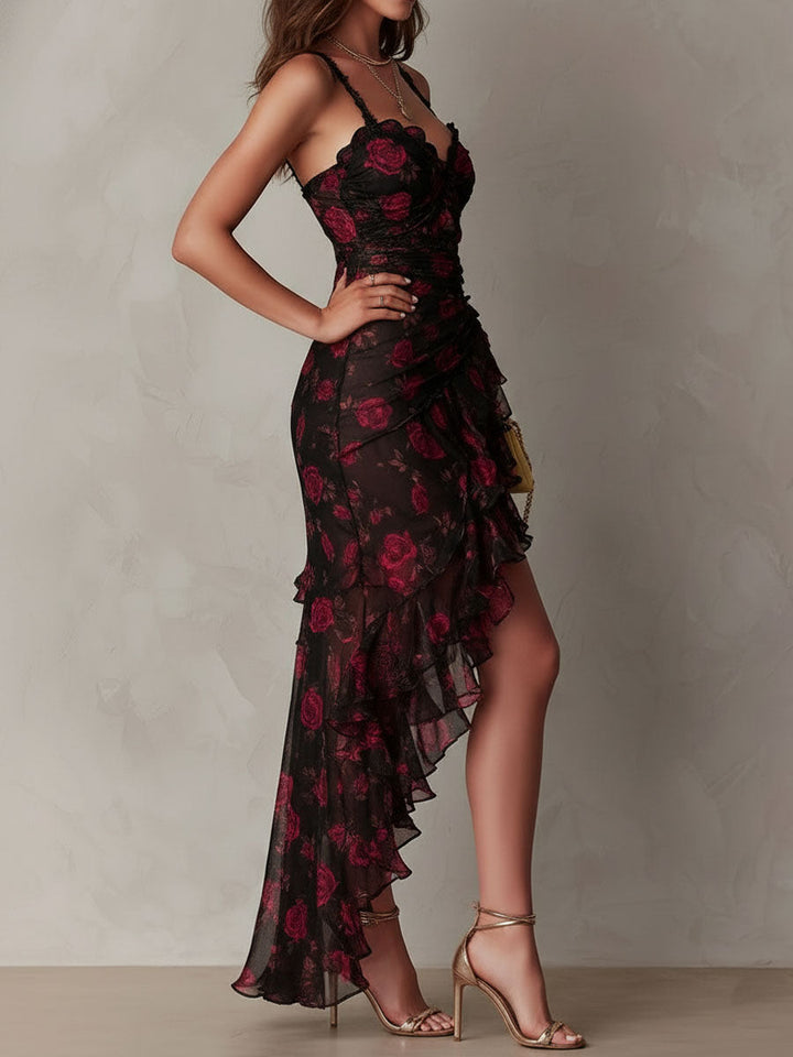 Deyna – Rochie Elegantă cu Imprimeu Floral și Tiv Drapat